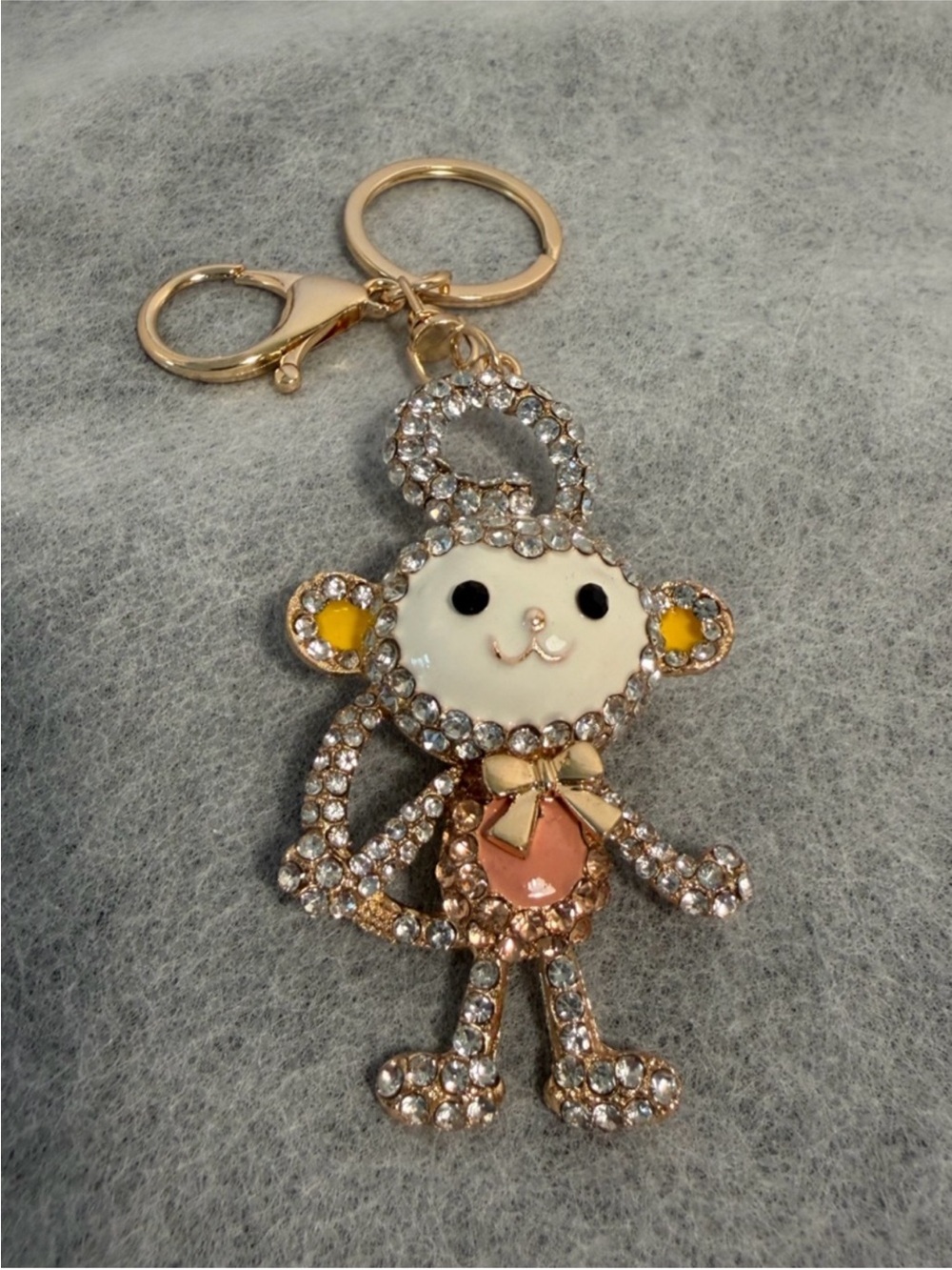 Rhinestone Monkey Keychain Charm - Gold Tone with White, Pink & Yellow Enamel